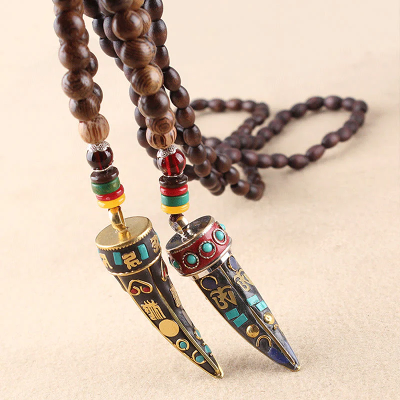 Tibetan Wenge Wood Om Mani Padme Hum Mantra Horn Pattern Protection Necklace Pendant