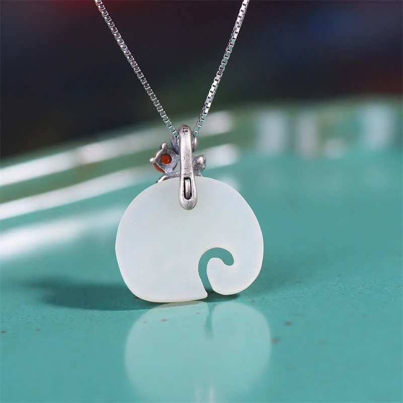 Renbeads White Jade Elephant Lotus Protection Necklace Pendant