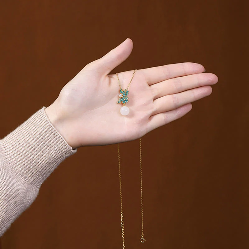 White Jade 925 Sterling Silver Pearl Flower Blessing Necklace Pendant Ring Earrings