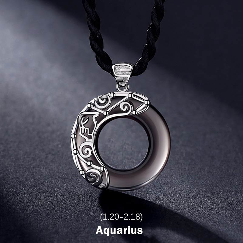 12 Constellations Zodiac Ice Obsidian Blessing Round Pendant Necklace