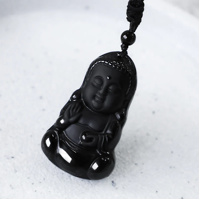 Renbeads Natural Black Obsidian Crystal Buddha Strength Protection Amulet Lucky Charm Pendant Necklace