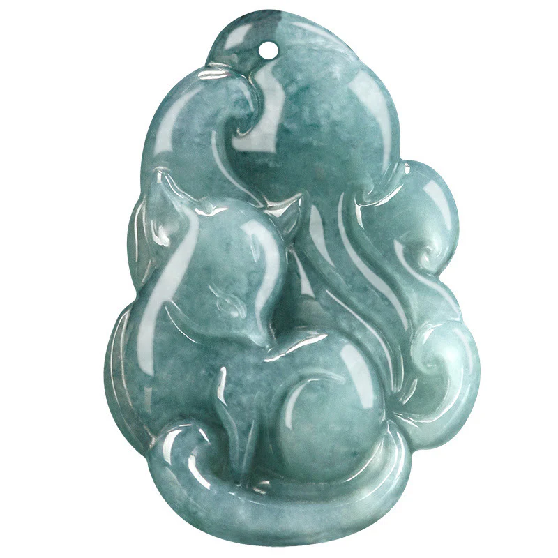 Natural Green Jade Nine-Tailed Fox Prosperity Necklace Pendant