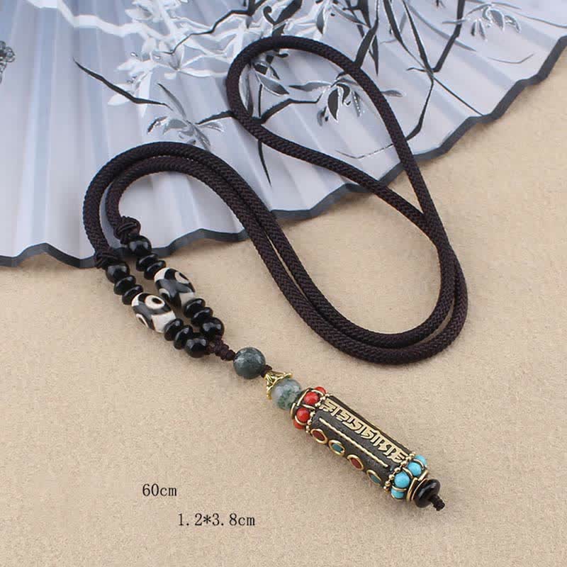 Tibetan Om Mani Padme Hum Dzi Bead Wenge Wood Necklace Pendant