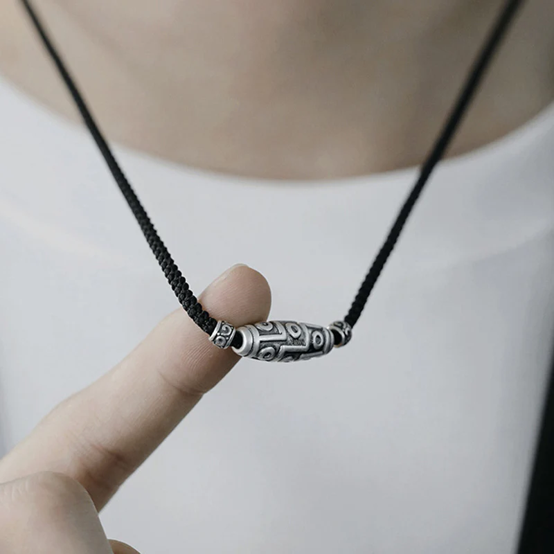 999 Sterling Silver Nine Eye Dzi Bead Pattern Protection Rope Necklace Pendant