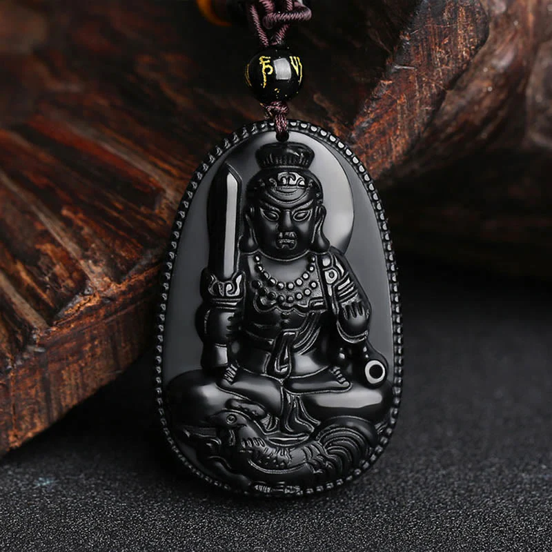 Chinese Zodiac Buddha Natural Black Obsidian Purification Necklace Pendant