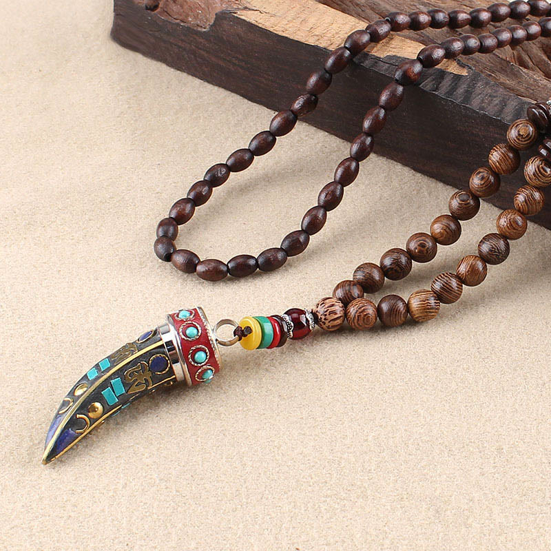Tibetan Wenge Wood Om Mani Padme Hum Mantra Horn Pattern Protection Necklace Pendant