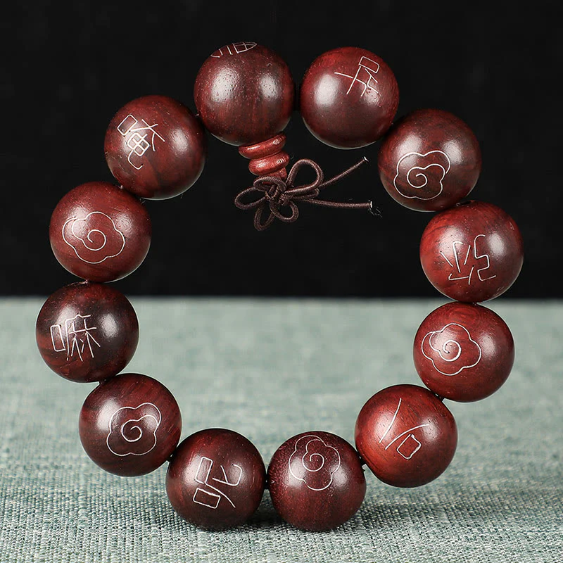 925 Sterling Silver Inlaid Small Leaf Red Sandalwood Om Mani Padme Hum Character Auspicious Clouds Protection Bracelet