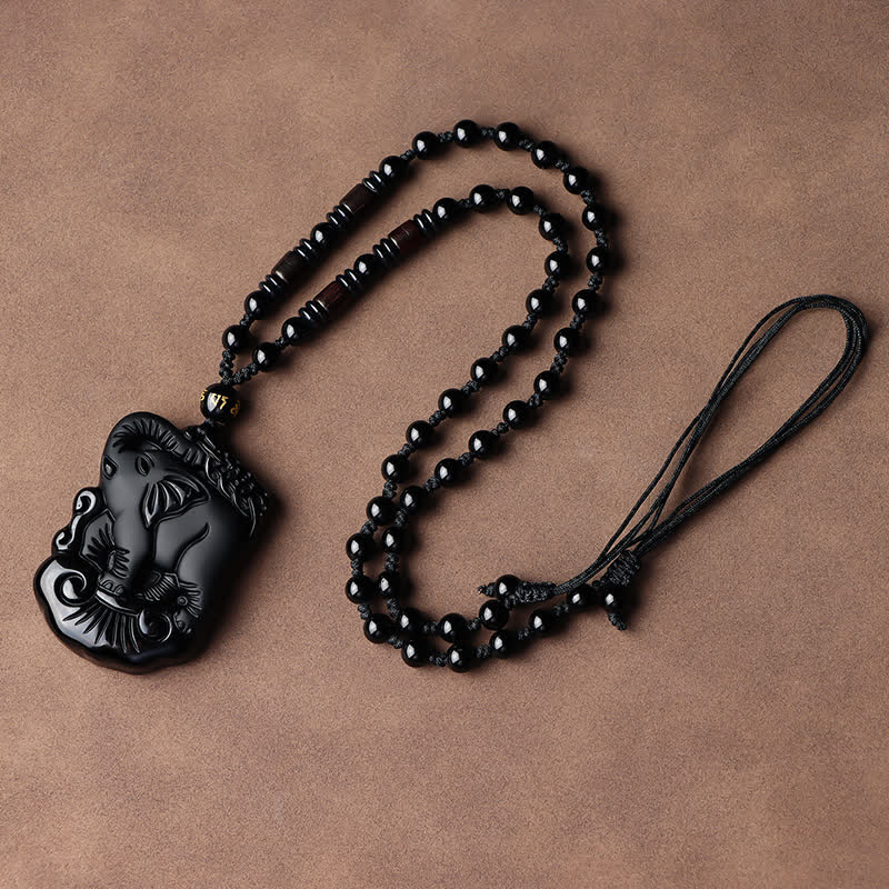Black Obsidian Elephant Protection Necklace Pendant Keychain