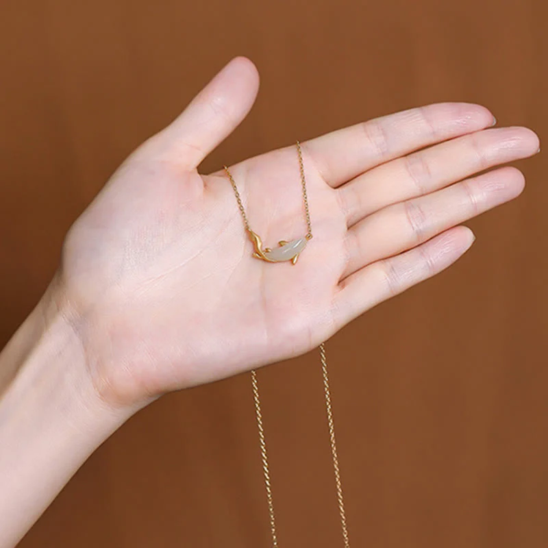 925 Sterling Silver White Jade Dolphin Luck Necklace Pendant