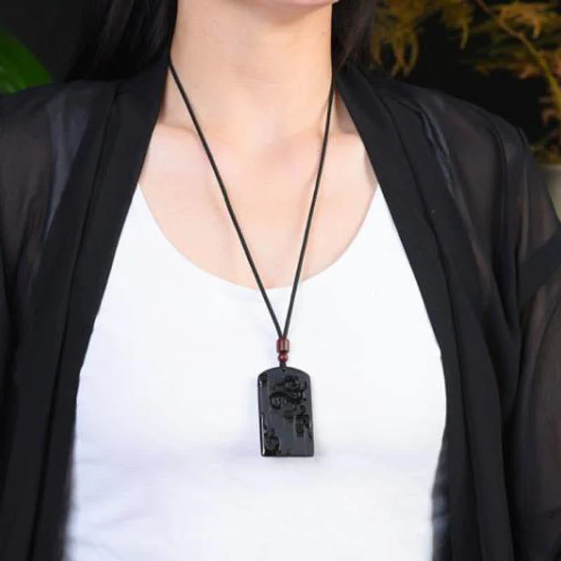 Renbeads Black Obsidian Dragon Phoenix Success Necklace Pendant
