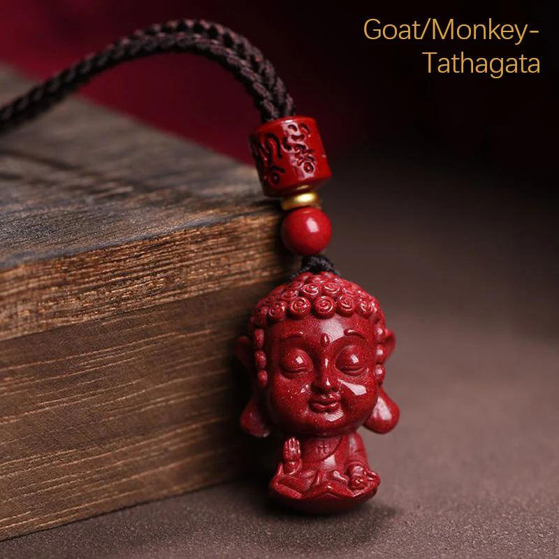 Chinese Zodiac Natal Buddha Natural Cinnabar Amulet Necklace Pendant for Repelling Evil