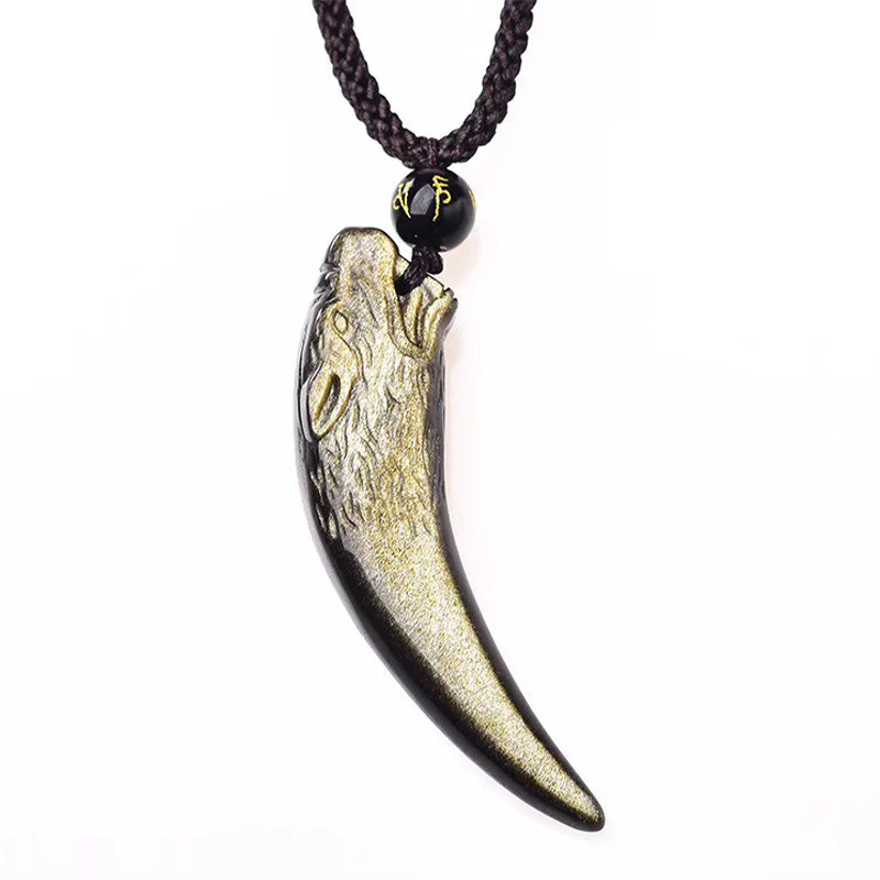 Natural Black Obsidian Ice Obsidian Rainbow Obsidian Wolf Tooth Pattern Necklace Pendant