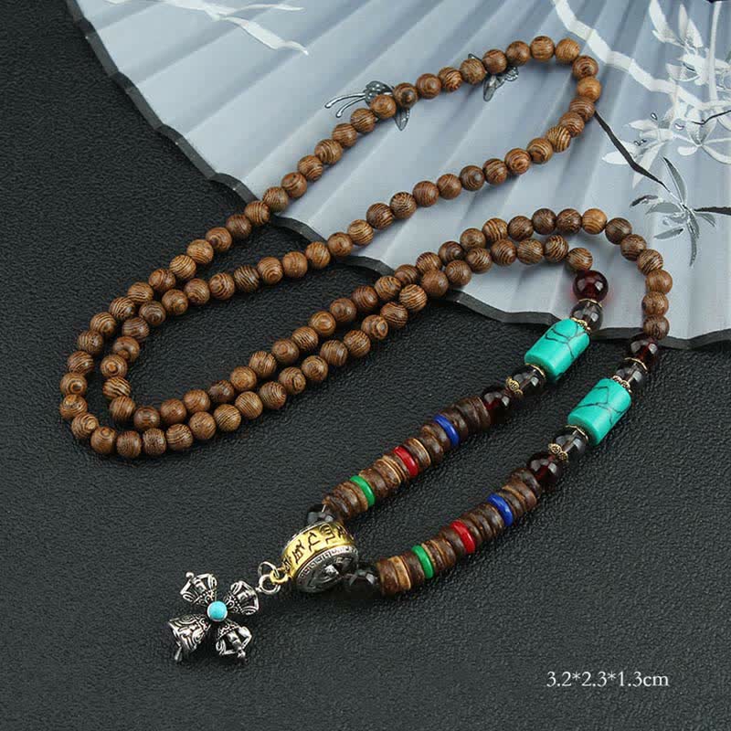 Tibetan Om Mani Padme Hum Prayer Wheel Rotating Vajra Wood Necklace Pendant
