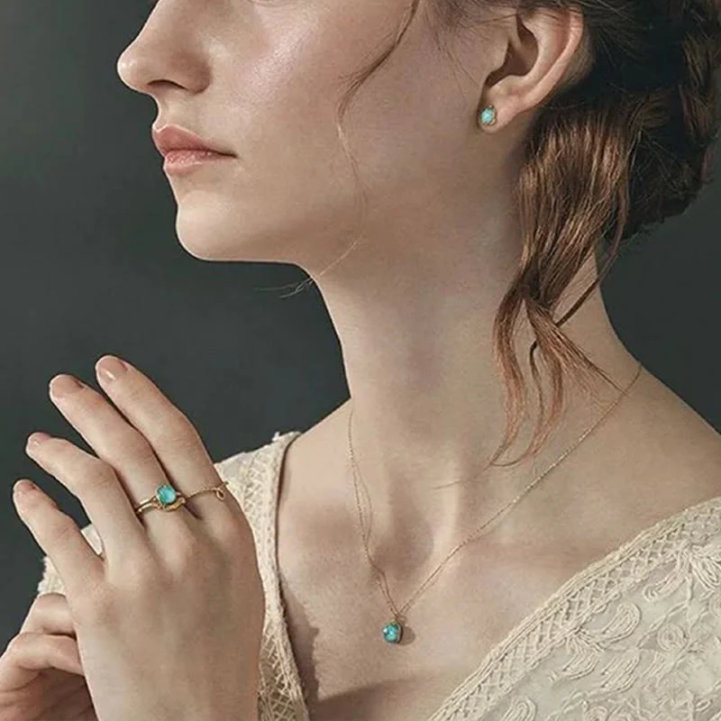 925 Sterling Silver Plated Gold Turquoise Protection Ring, Earrings, and Necklace Pendant Set