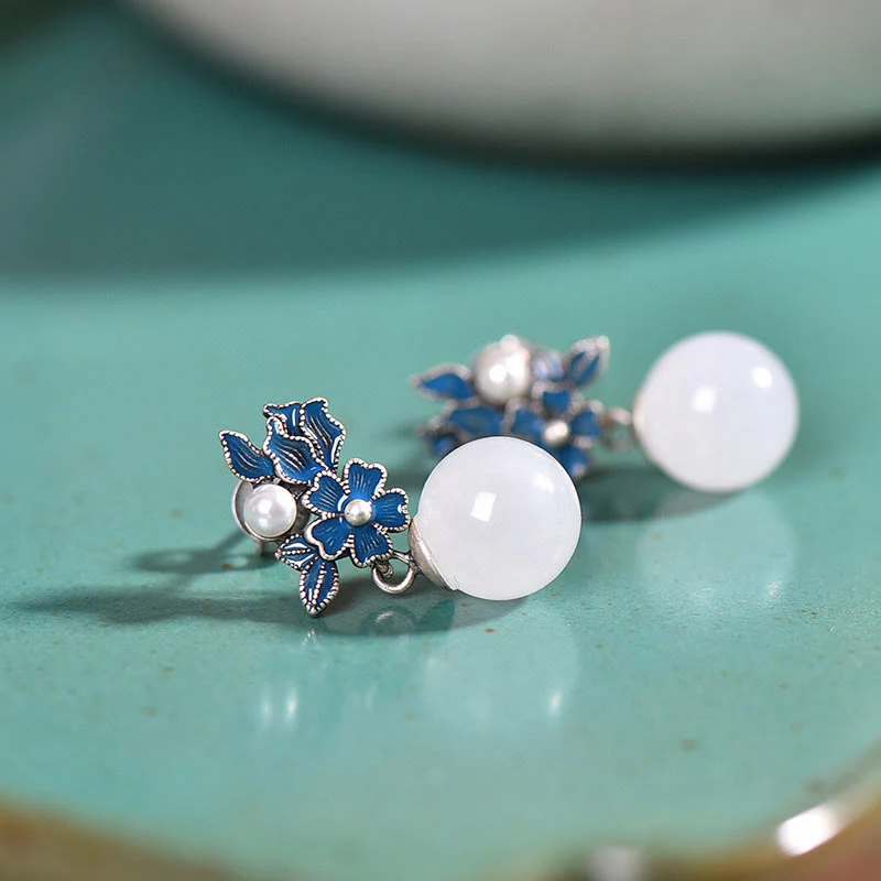 White Jade 925 Sterling Silver Pearl Flower Blessing Necklace Pendant Ring Earrings