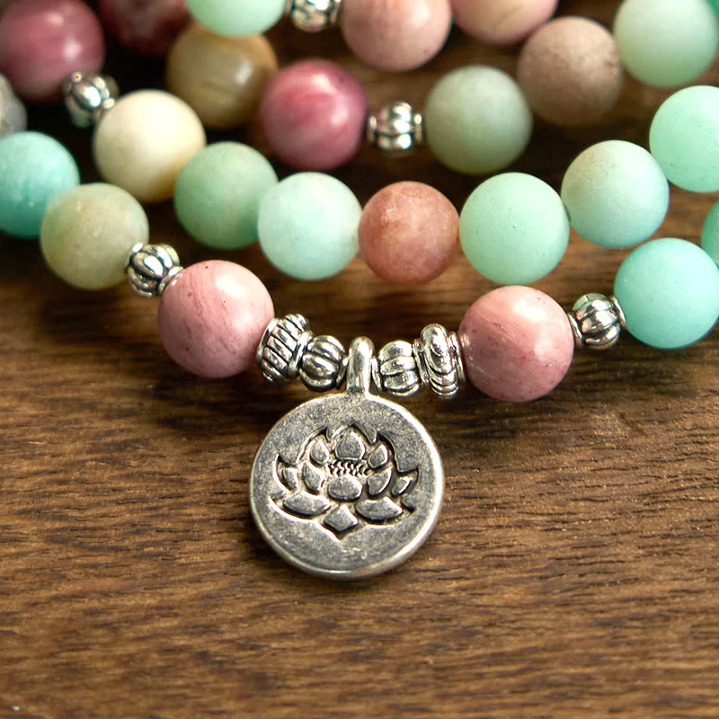 Renbeads 108 Mala Beads Rhodonite Amazonite Lotus Healing Bracelet