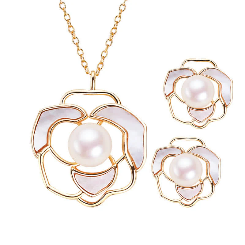 Renbeads 925 Sterling Silver Pearl Camellia Pattern Happiness Necklace Pendant Earrings