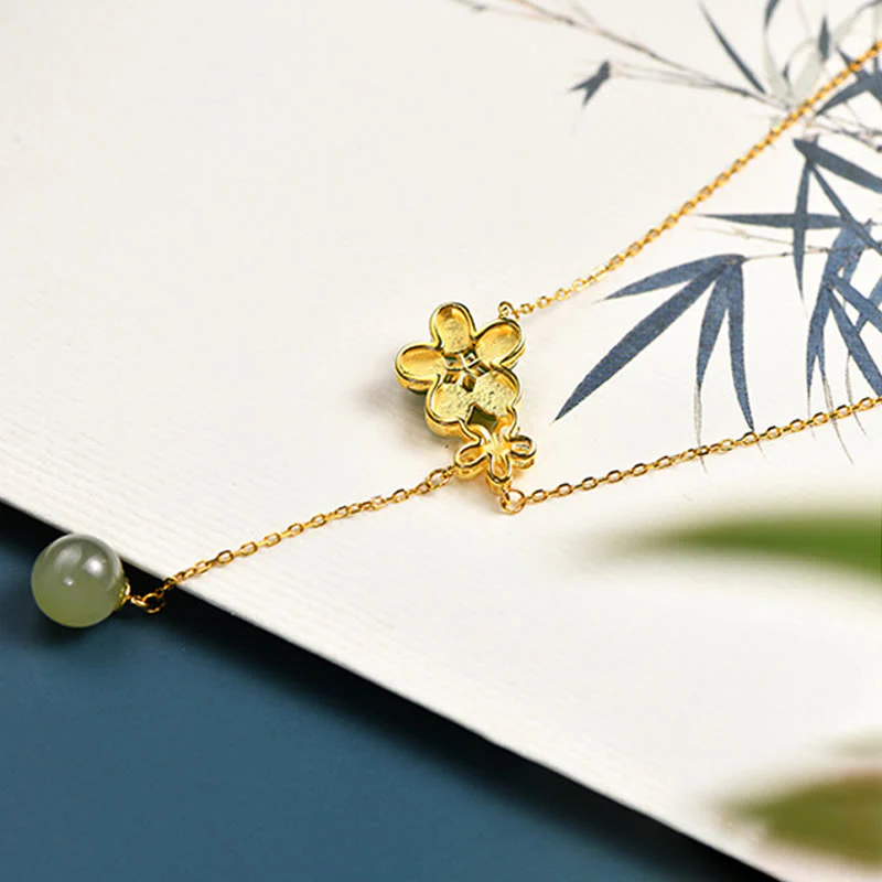 Renbeads 925 Sterling Silver Hetian Cyan Jade Plum Flower Blossom Design Luck Necklace Pendant