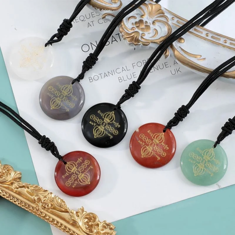 Vajra Dorje Sanskrit Pattern Natural Various Crystal Black Obsidian Fulfillment Necklace Pendant
