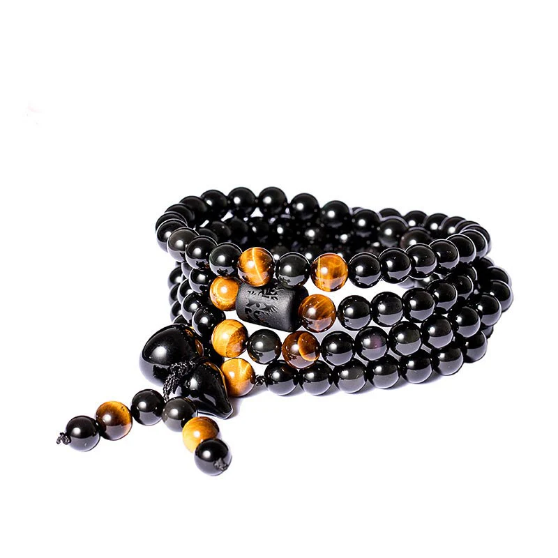 Renbeads Natural Black Obsidian Rainbow Obsidian Gourd Blessing Bracelet Mala