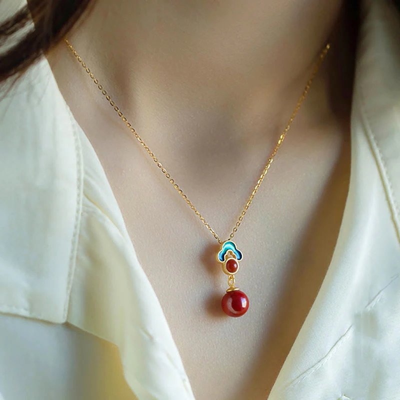 925 Sterling Silver Plated Gold Cinnabar Red Agate Jewelry Set