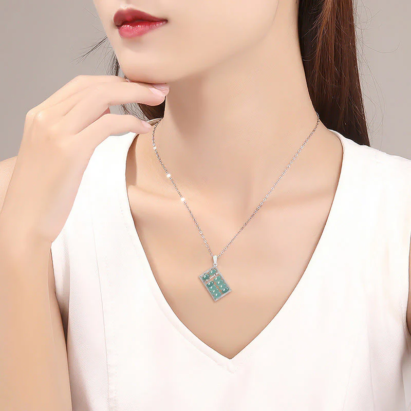 925 Sterling Silver Natural Jade Abacus Pattern Necklace Pendant