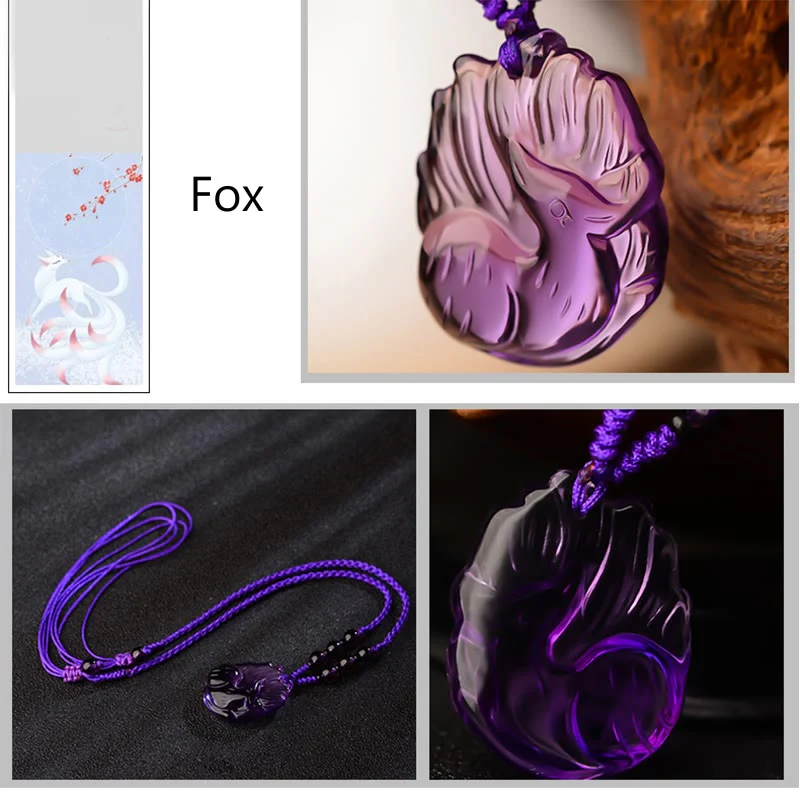 Renbeads Natural Amethyst White Crystal Citrine Nine Tailed Fox Luck Necklace Pendant