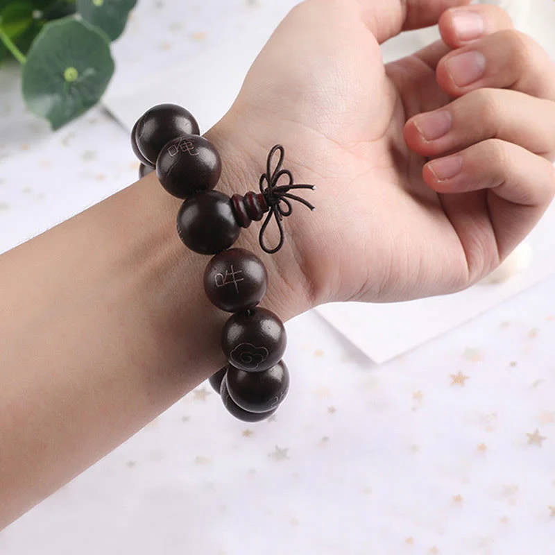 925 Sterling Silver Inlaid Small Leaf Red Sandalwood Om Mani Padme Hum Character Auspicious Clouds Protection Bracelet