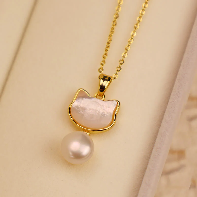 Natural Pearl Copper Cat Healing Jewelry Set