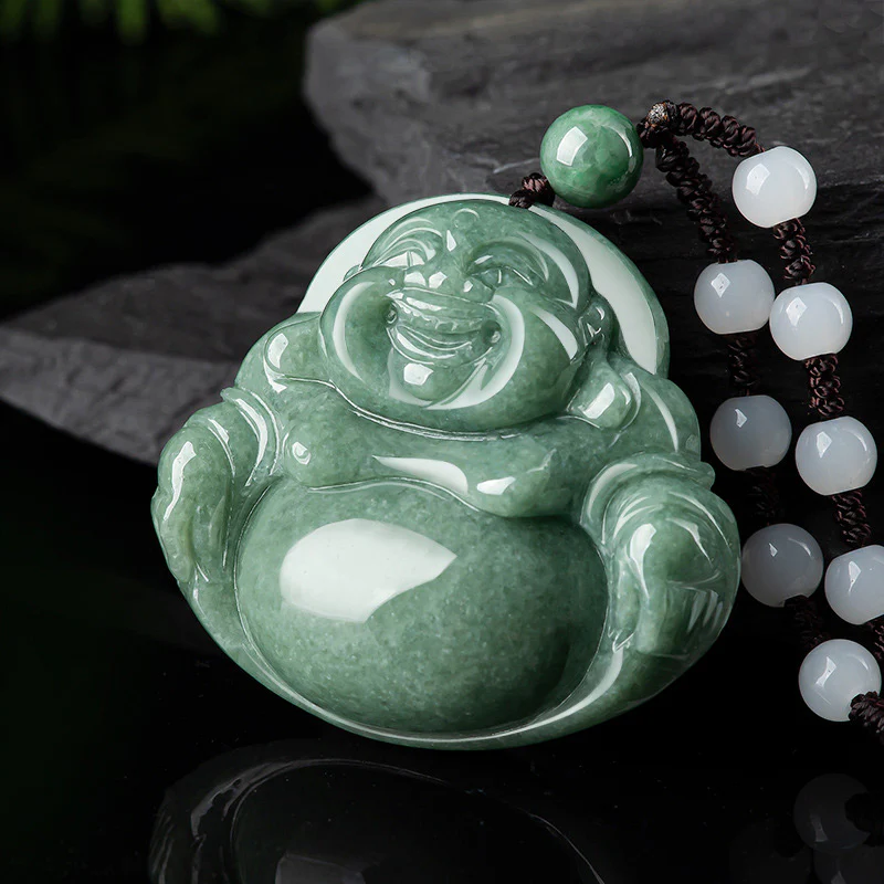 Renbeads Laughing Buddha Cyan Jade Harmony Necklace String Bead Pendant