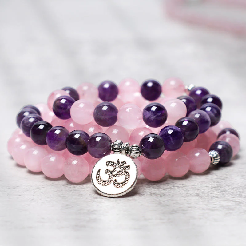 Renbeads Natural Rose Quartz & Amethyst Mala Bead Lotus Pendant Bracelet