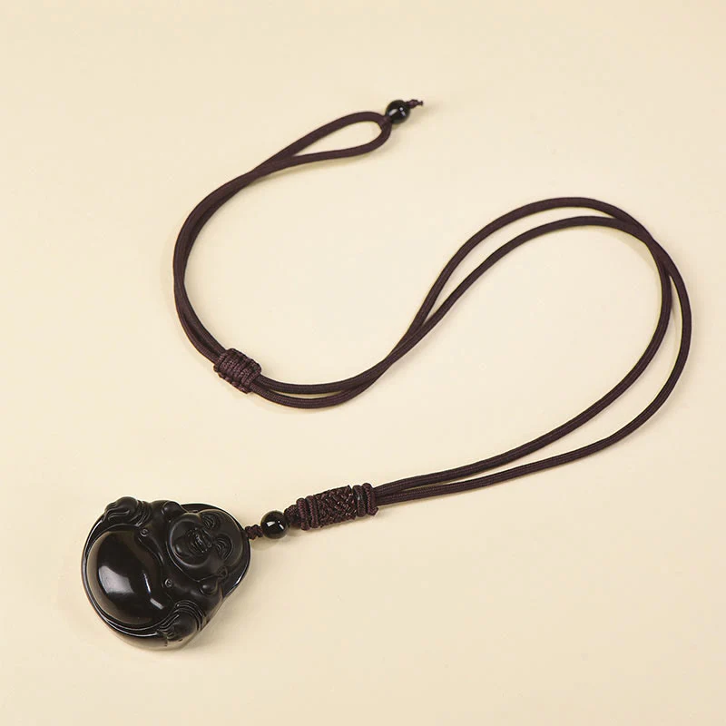 Natural Black Obsidian Ice Obsidian Laughing Buddha Purification Necklace Pendant