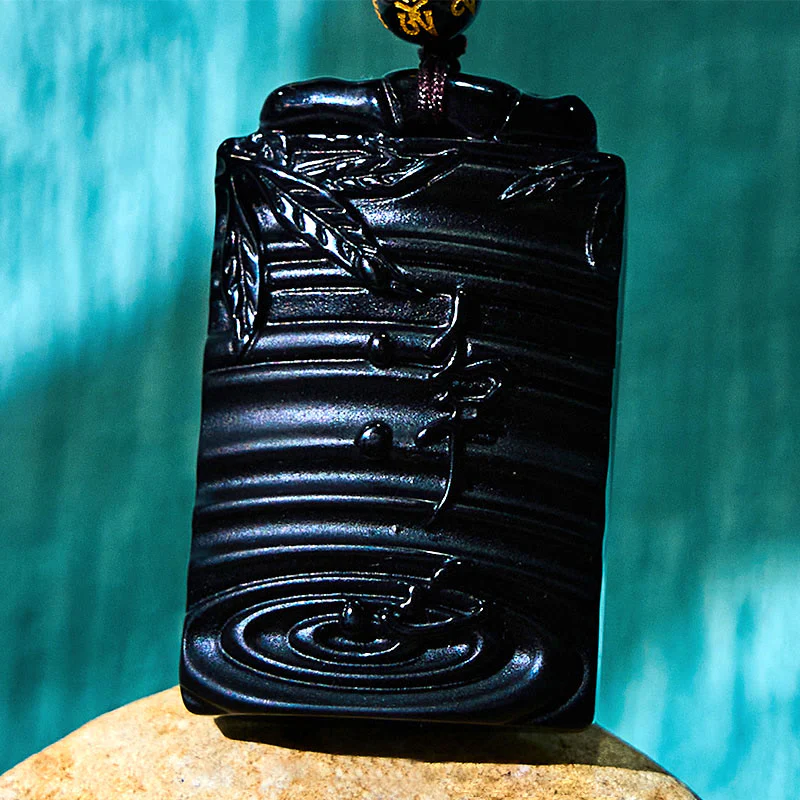 Natural Black Obsidian Bamboo Fulfillment Necklace Pendant
