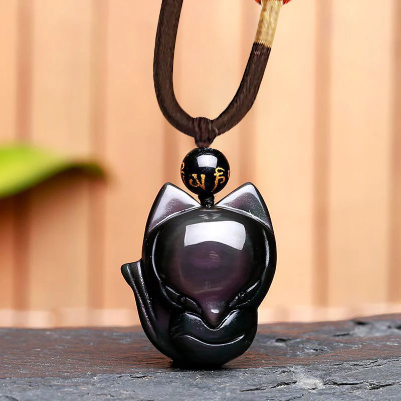 Natural Rainbow Obsidian Gold Sheen Obsidian Nine-Tailed Fox Positive Necklace Pendant