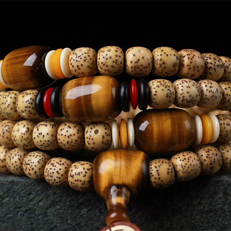 Renbeads 108 Mala Beads Bodhi Seed Tiger's Eye Fu Character Peace Bracelet