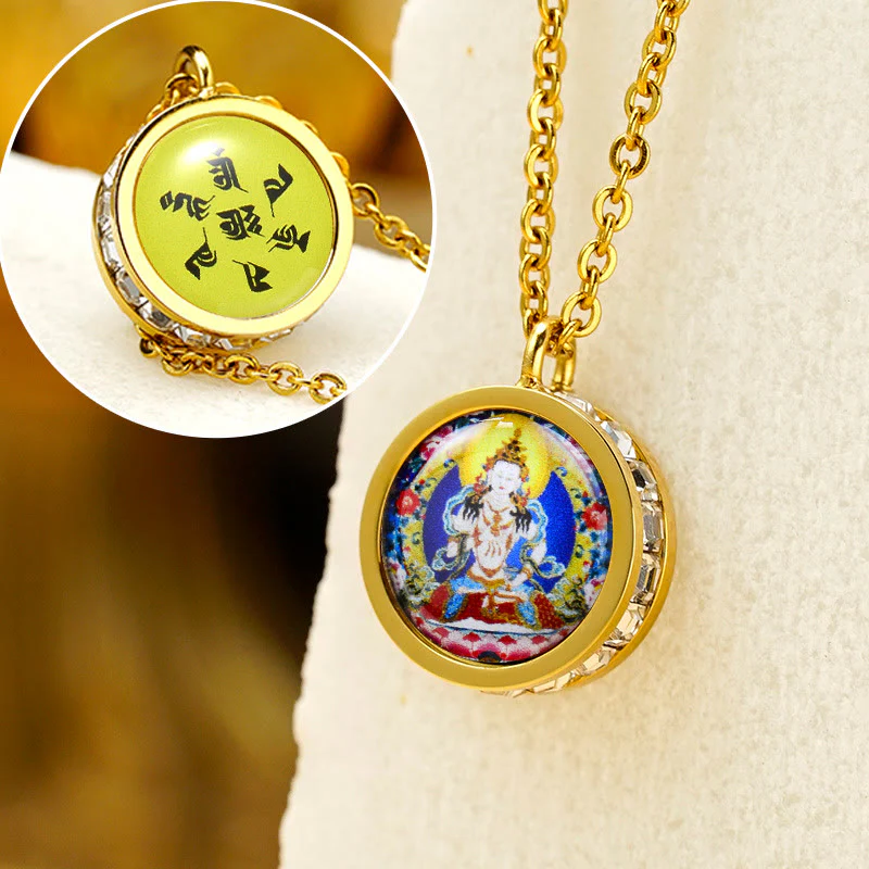 Tibetan Yellow God of Wealth Green Tara Buddha Serenity Titanium Steel Necklace Pendant
