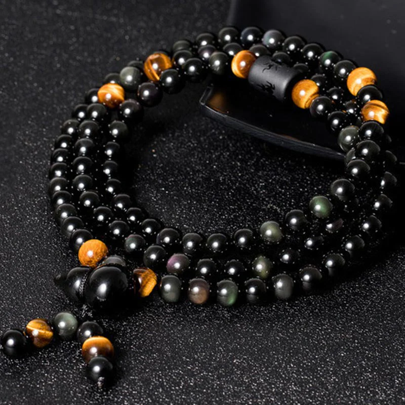 Renbeads Natural Black Obsidian Rainbow Obsidian Gourd Blessing Bracelet Mala