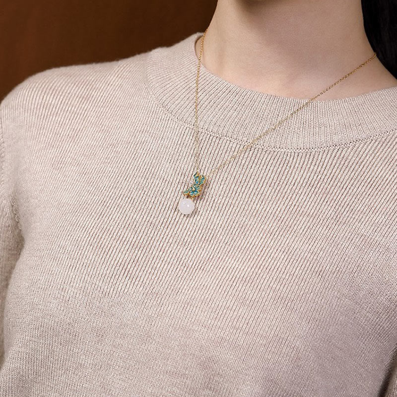 White Jade 925 Sterling Silver Pearl Flower Blessing Necklace Pendant Ring Earrings