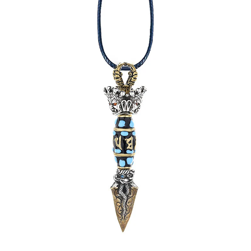 Tibet Om Mani Padme Hum Dzi Bead Dorje Vajra Pattern Rotatable Wealth Necklace Pendant