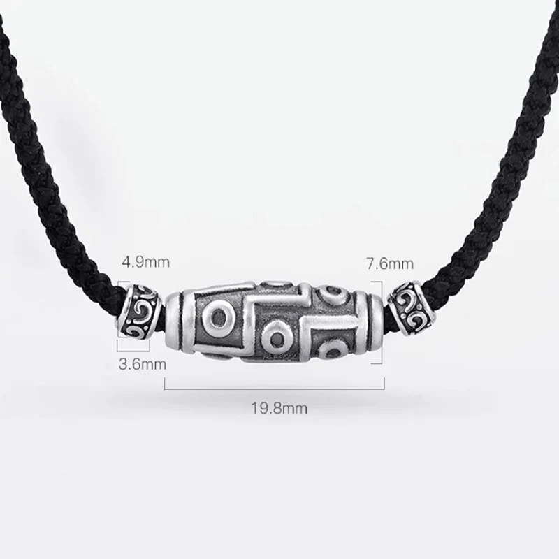 999 Sterling Silver Nine Eye Dzi Bead Pattern Protection Rope Necklace Pendant