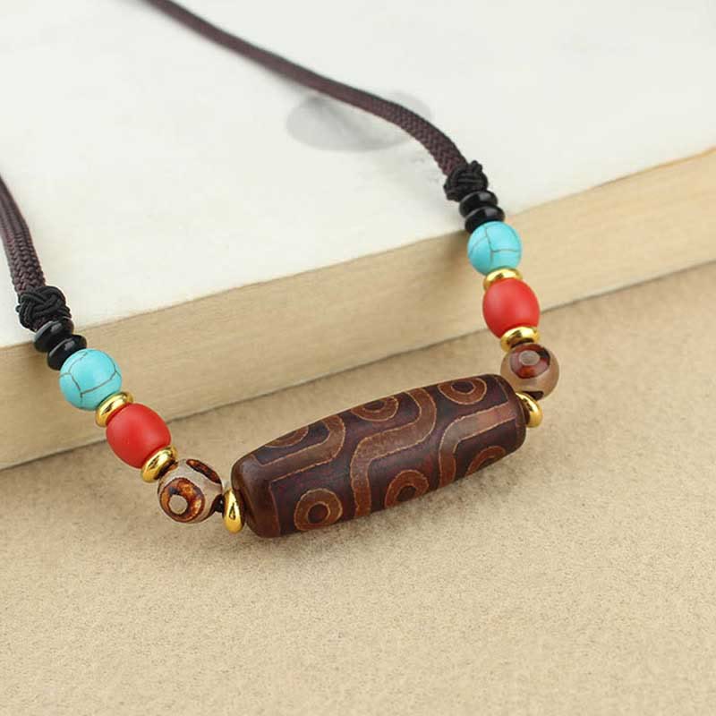 Tibetan Nine-Eye and Three-Eyed Dzi Bead Protection String Necklace Pendant