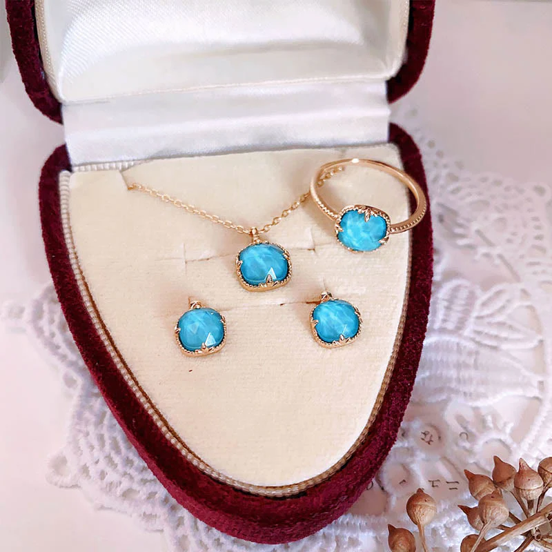 925 Sterling Silver Plated Gold Turquoise Protection Ring, Earrings, and Necklace Pendant Set