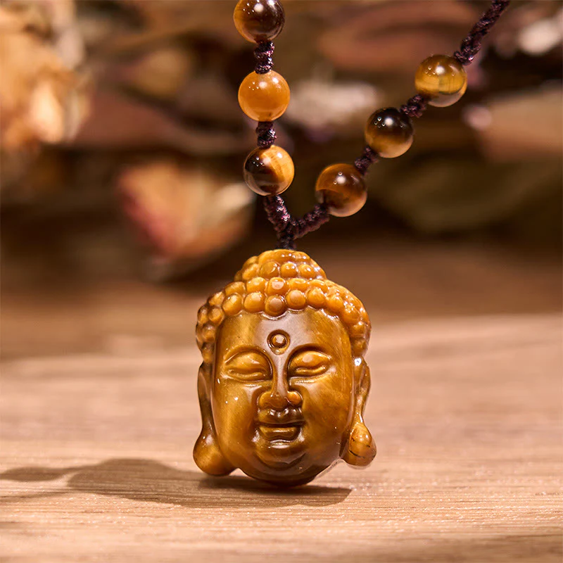 Tiger Eye String Buddha Head Courage Necklace Pendant