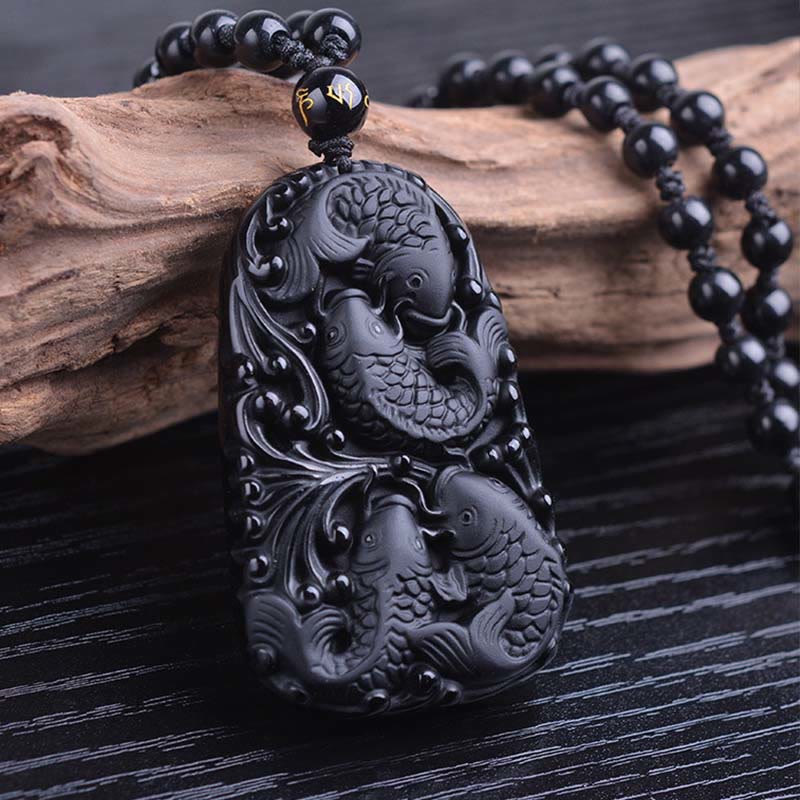 Black Obsidian Koi Fish Engraved Beaded Necklace Pendant