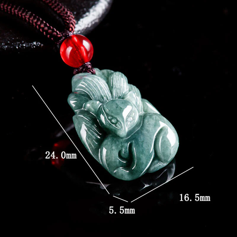 Natural Green Jade Nine-Tailed Fox Engraved Prosperity Necklace Pendant