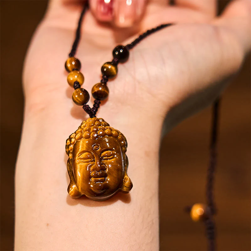 Tiger Eye String Buddha Head Courage Necklace Pendant