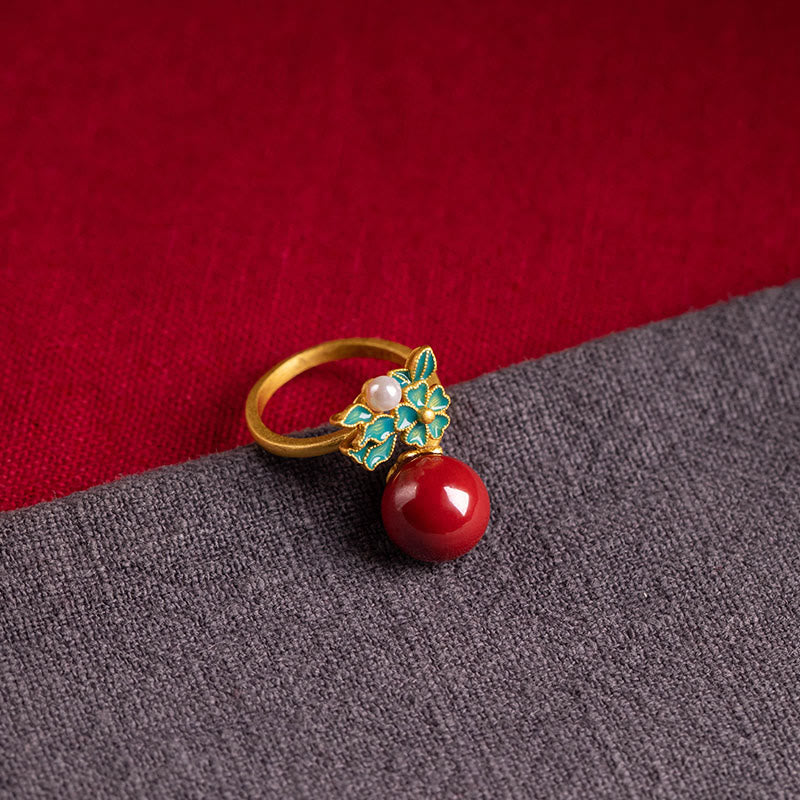 925 Sterling Silver Plated Gold Cinnabar Pearl Flower Jewelry Set