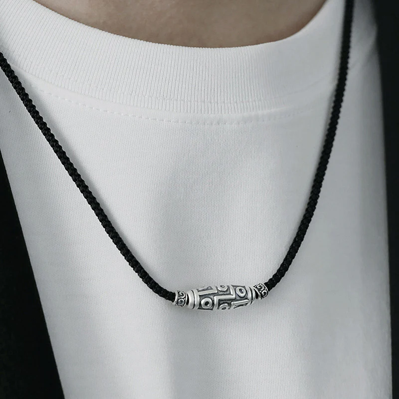 999 Sterling Silver Nine Eye Dzi Bead Pattern Protection Rope Necklace Pendant