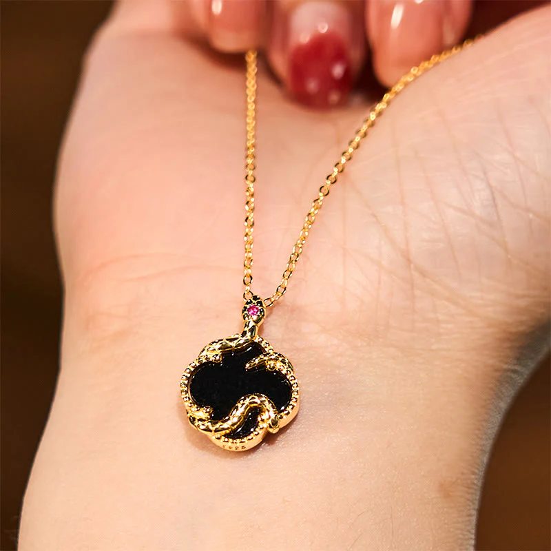 925 Sterling Silver Four Red Agate Black Onyx Leaf Clover Zodiac Blessing Necklace Pendant