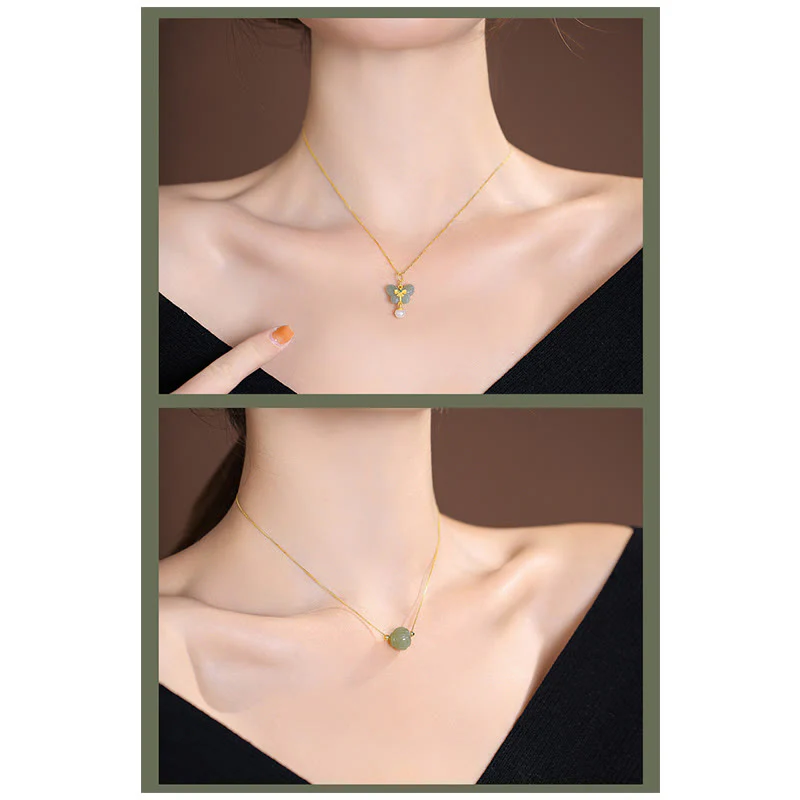 925 Sterling Silver Natural Cyan Hetian Jade Luck Laughing Buddha Butterfly Necklace Pendant
